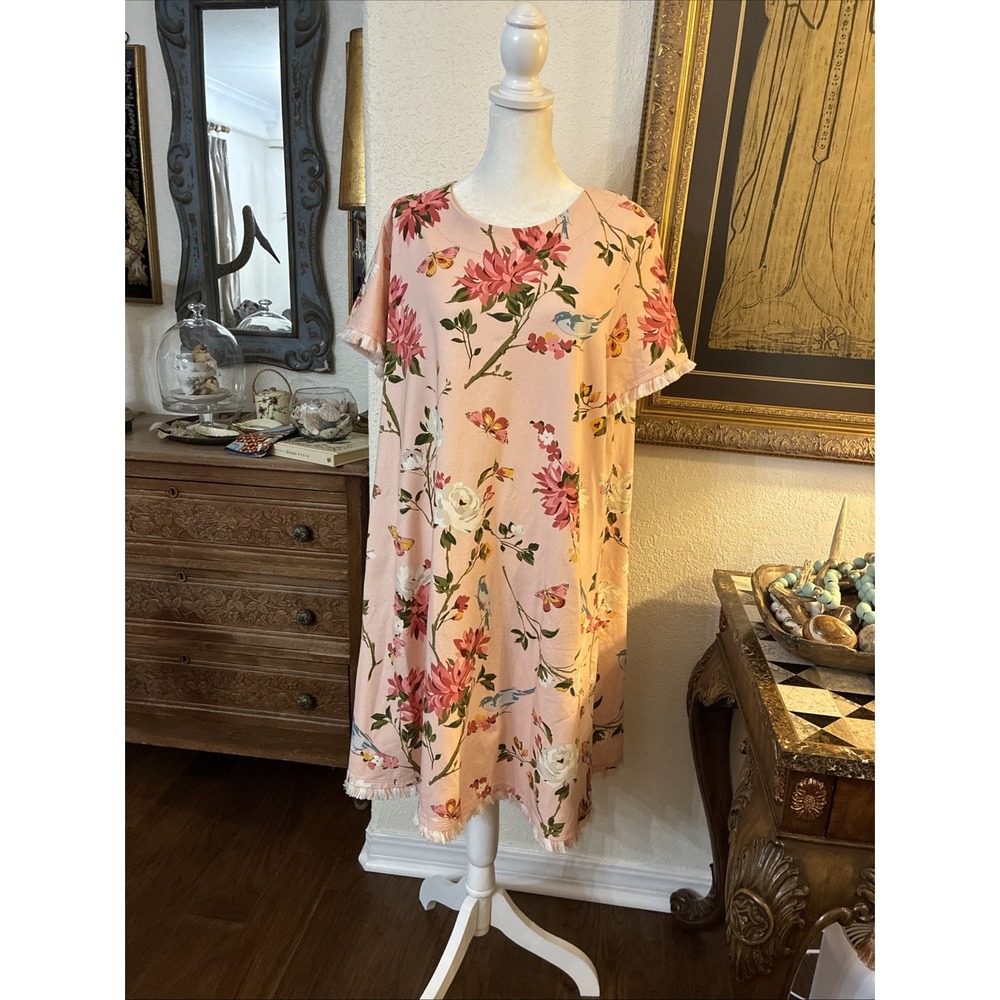 Spartina 449 Dress Womens Sz 2XL Pink Floral Coastal Preppy Island Fringe